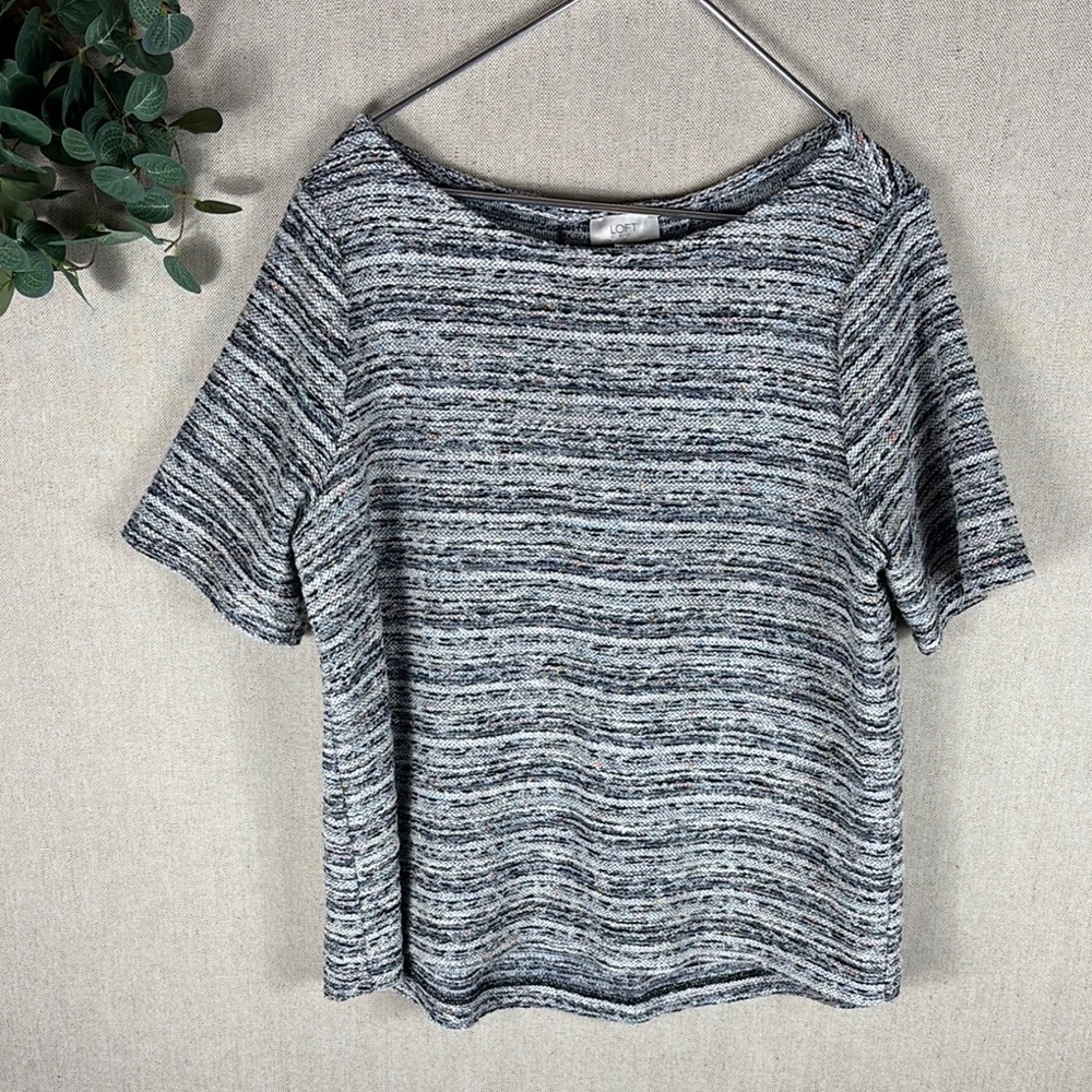 Loft > Gray Striped Scoop Neck Short Sleeve Top Extra Large